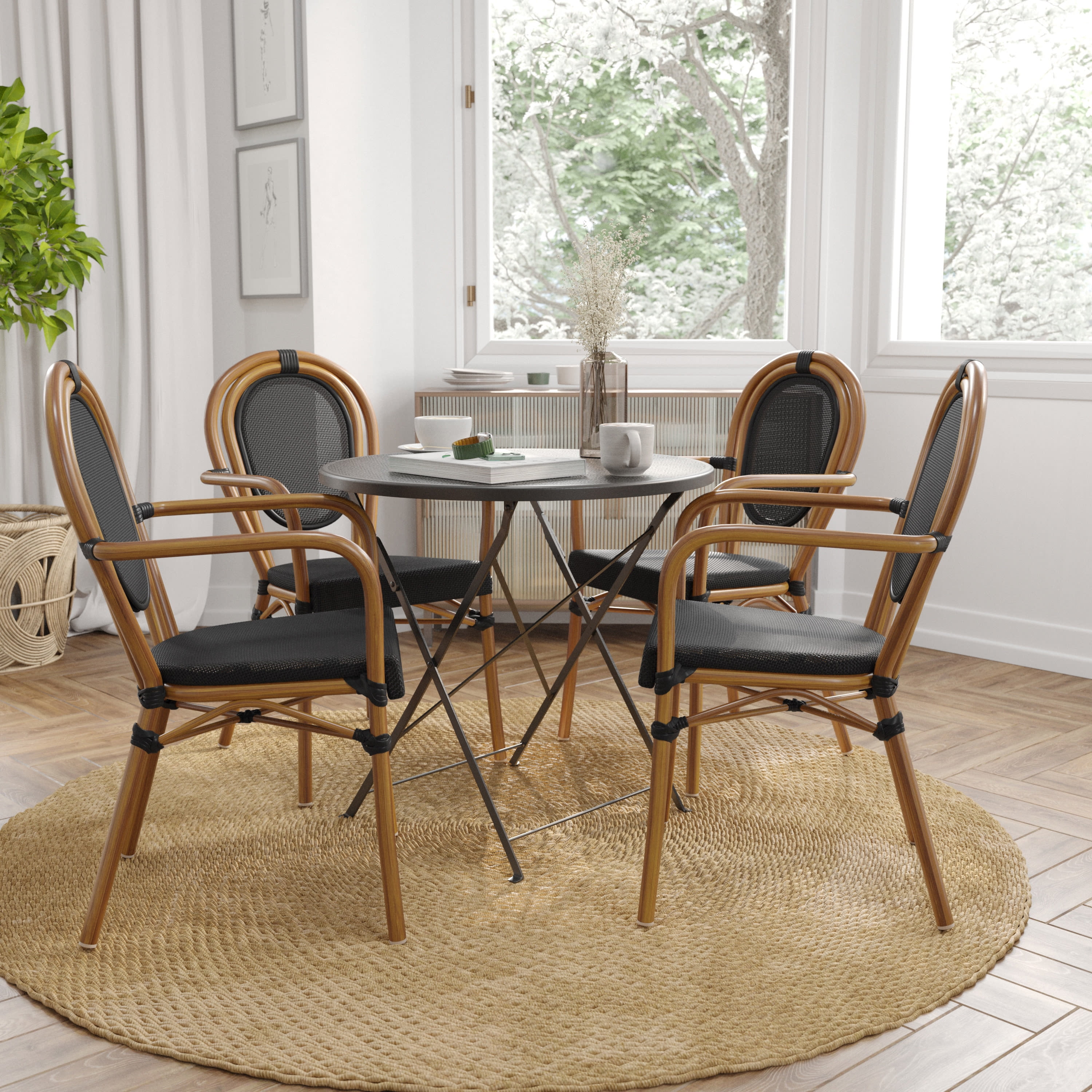 Set of Two Black and Natural Aluminum Armless Bistro Chairs