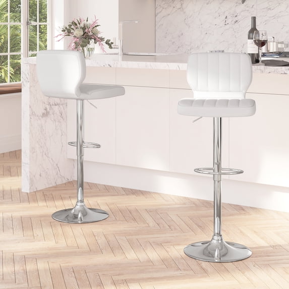 Merrick Lane Set of Two Swivel Bar Stools in White Vinyl with Vertical Stitched Back and Adjustable Chrome Base with Footrest