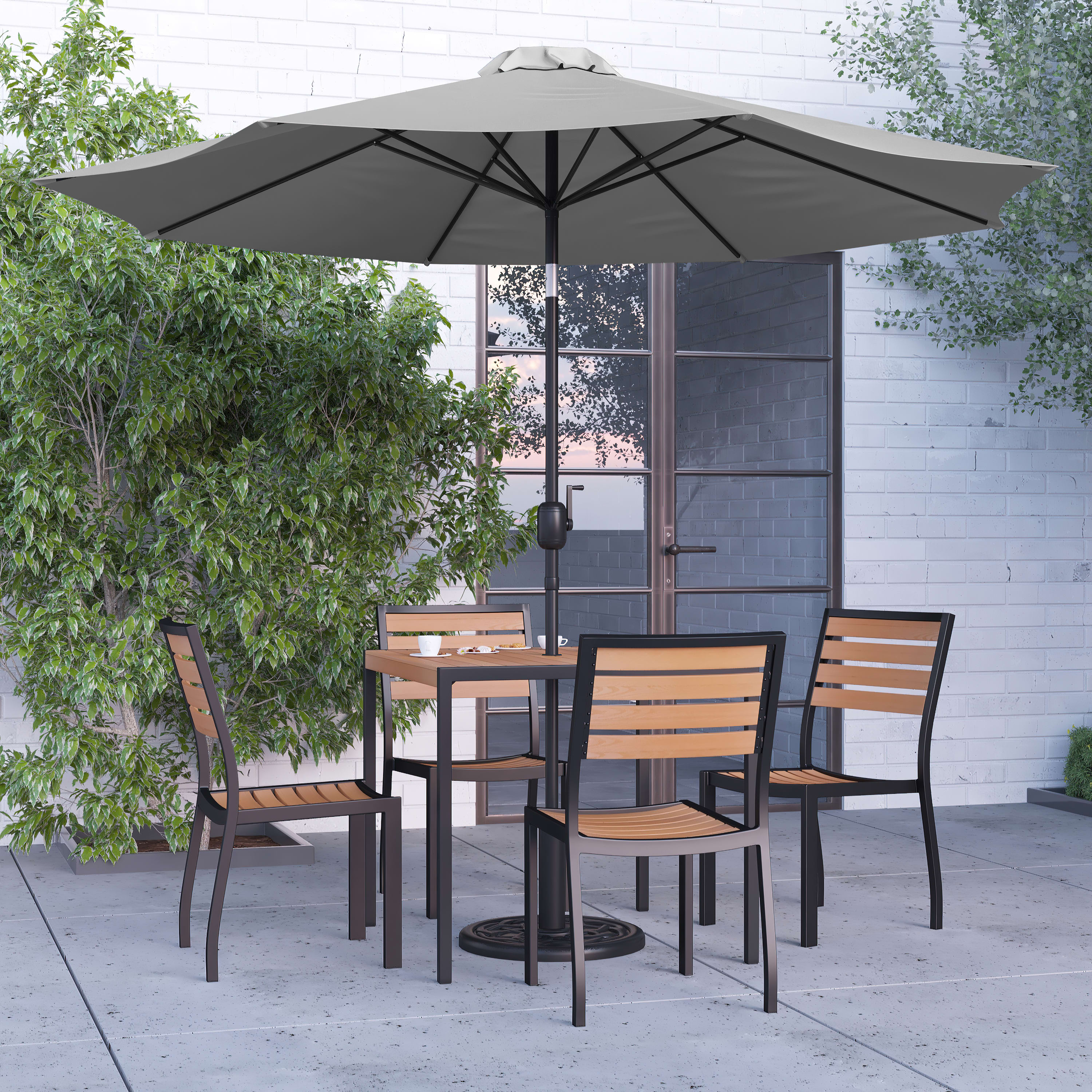 Merrick Lane Seven Piece Faux Teak Patio Dining Set - 35" Square Table, 4 Armless Stacking Club Chairs and 9' Gray Patio Umbrella & Base - image 1 of 18