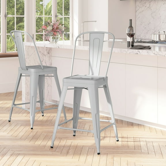 Merrick Lane Silver 24" High Metal Counter Height Stool with Removable Back for Indoor-Outdoor Use