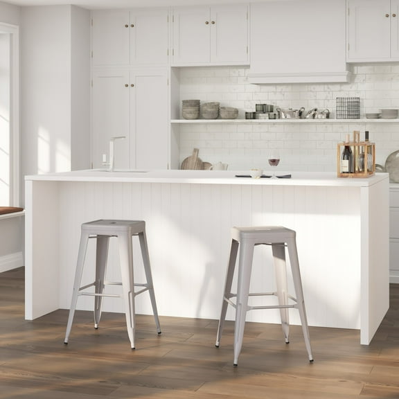 Merrick Lane Silver 30" High Backless Metal Bar Height Stool with Square Seat for Indoor-Outdoor Use