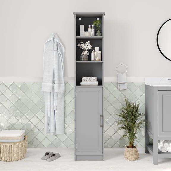 Merrick Lane Slim Linen Tower Organizer with 2 Adjustable Cabinet Shelves, 3 Open Shelves, and Magnetic Closure Doors in Gray