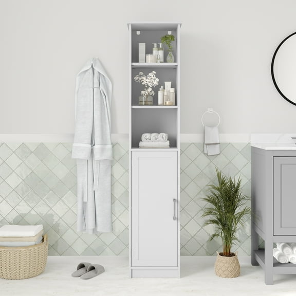 Merrick Lane Slim Linen Tower Organizer with 2 Adjustable Cabinet Shelves, 3 Open Shelves, and Magnetic Closure Doors in White