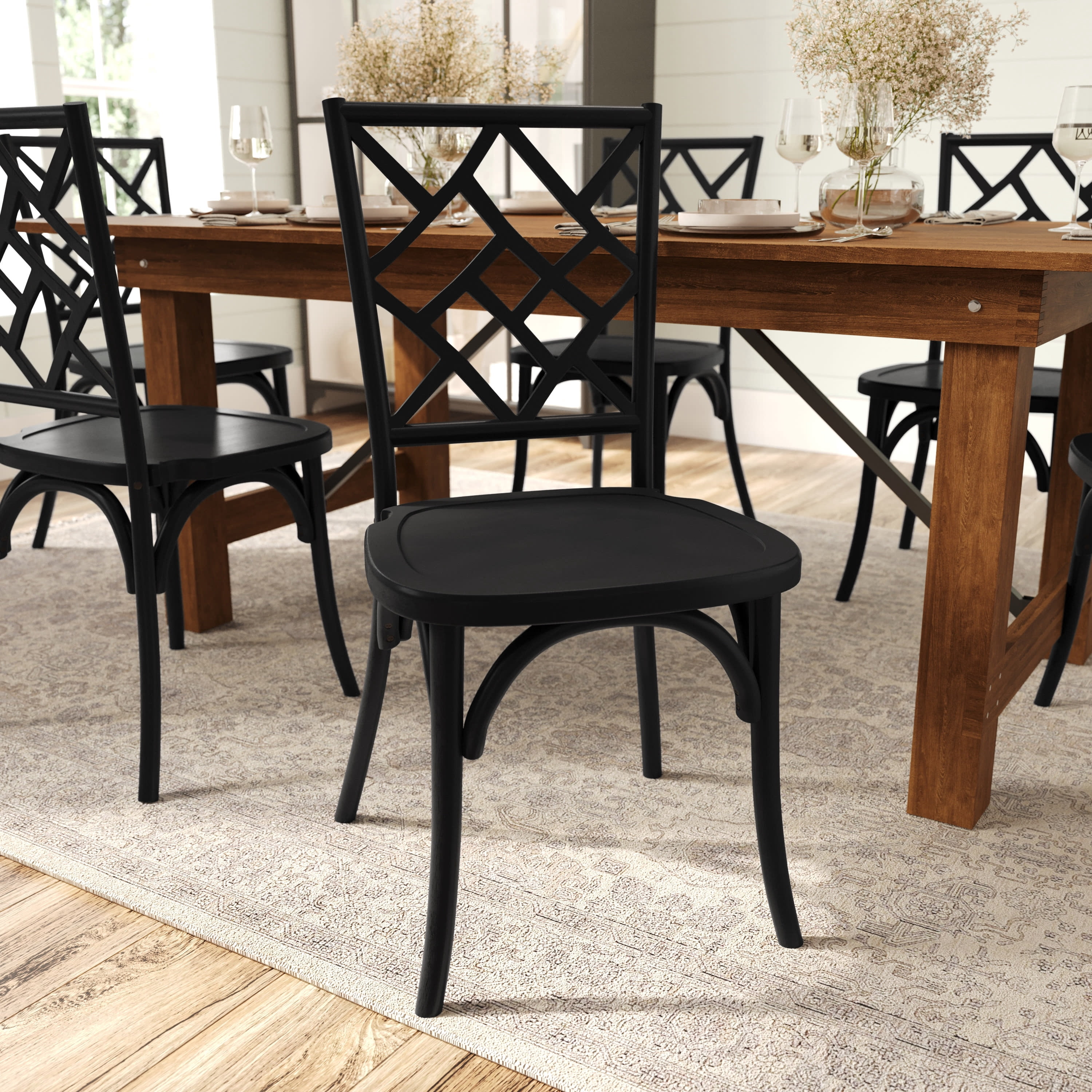 Merrick Lane Solid Wood Dining Chair with Stackable Design, Ornate Seat Back Accenting, and Elegant Finish in Black