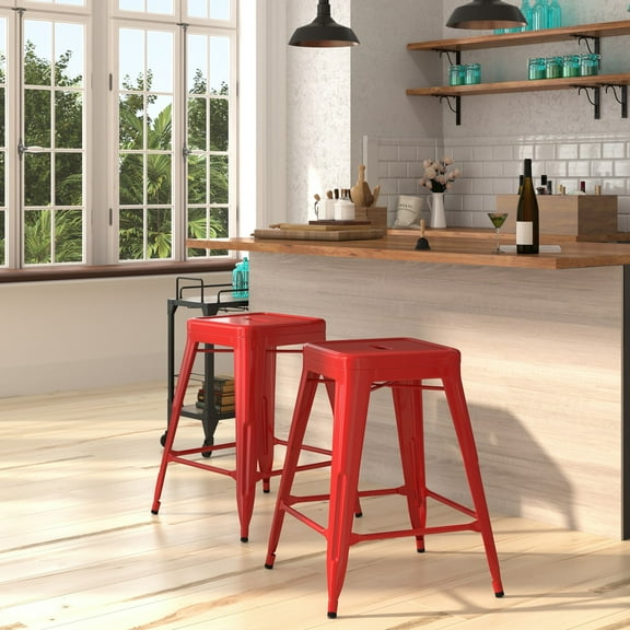 Merrick Lane Red 24" High Backless Metal Counter Height Stool with Square Seat for Indoor-Outdoor Use