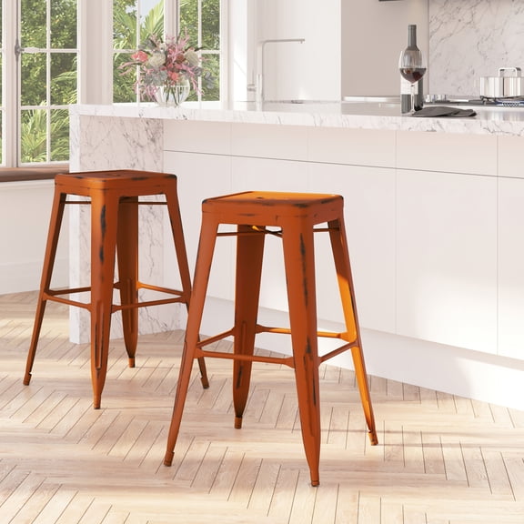 Merrick Lane Stackable Backless Bar Height Stool, Distressed Orange