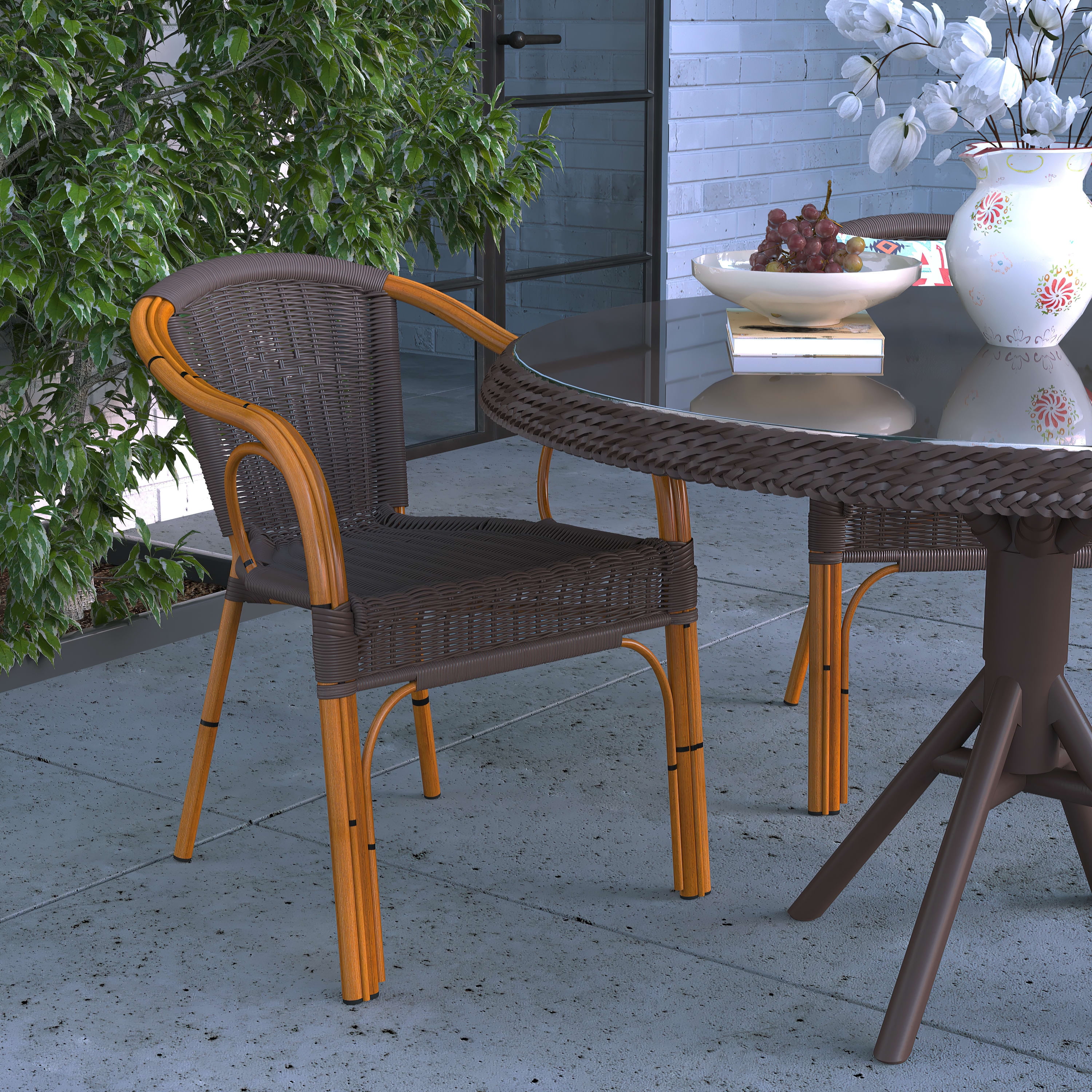 Merrick Lane Stacking Rattan Patio Chair with Bamboo-Look Aluminum Frame, Dark Brown/Red