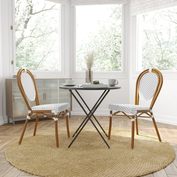 Merrick Lane Stacking Thonet Bistro Style Chair, Natural PE Cane Rattan Seat, and White Metal Frame for Indoor/Outdoor Use