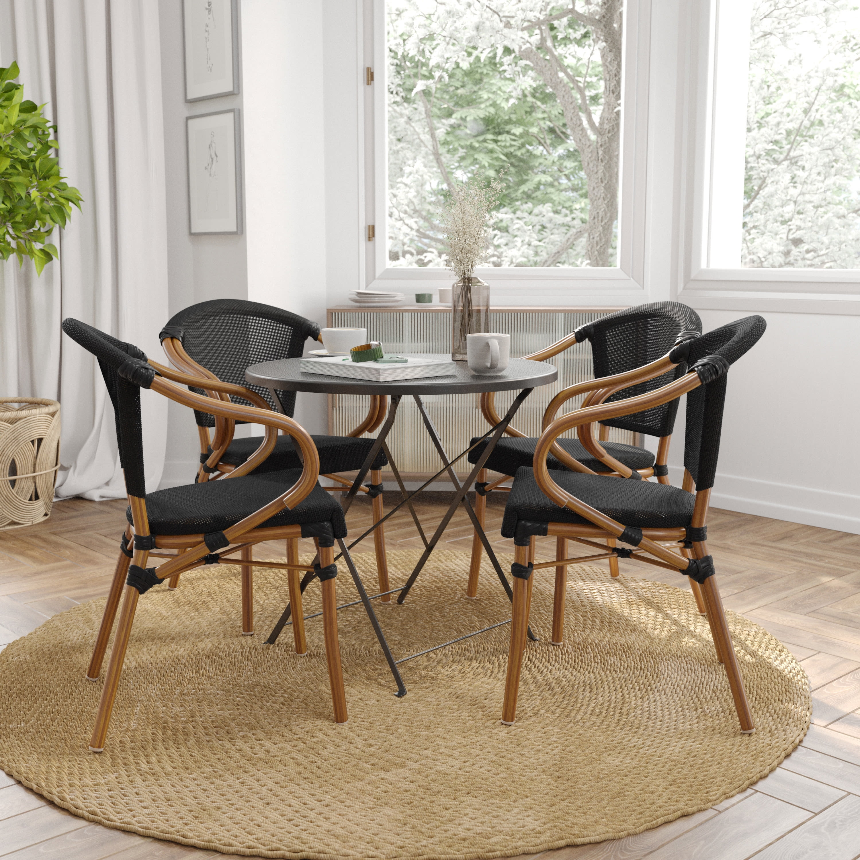 Set of 4 Black and Natural Metal Bistro Chairs with Arms