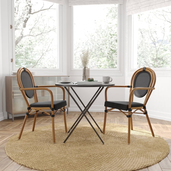 Merrick Lane Stacking Thonet French Bistro Style Chair, White & Gray PE Rattan Seat, and Bamboo Finished Metal Frame for Indoor/Outdoor Use