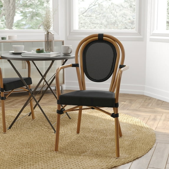 Merrick Lane Stacking Thonet French Bistro Style Chair with Arms, Black Textilene Seat, and Bamboo Finished Metal Frame for Indoor/Outdoor Use