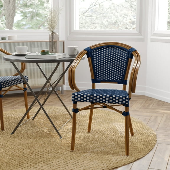 Merrick Lane Stacking Thonet Bistro Style Chair with Arms, Navy & White PE Rattan Seat, and Bamboo Finished Metal Frame for Indoor/Outdoor Use
