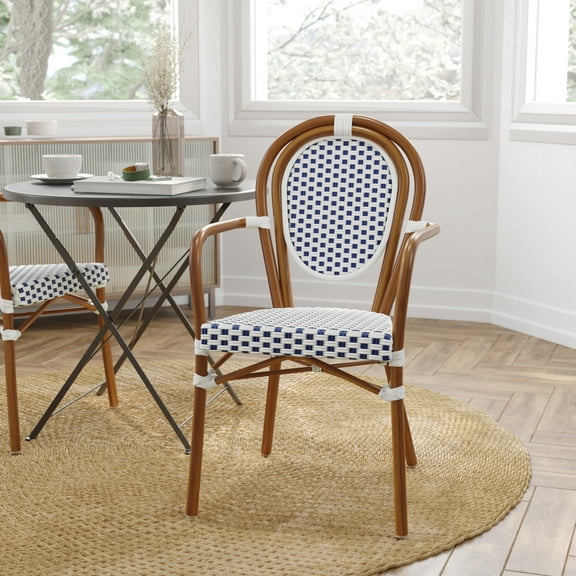 Merrick Lane Stacking Thonet French Bistro Style Chair with Arms, White & Navy PE Rattan Seat, and Bamboo Finished Metal Frame for Indoor/Outdoor Use