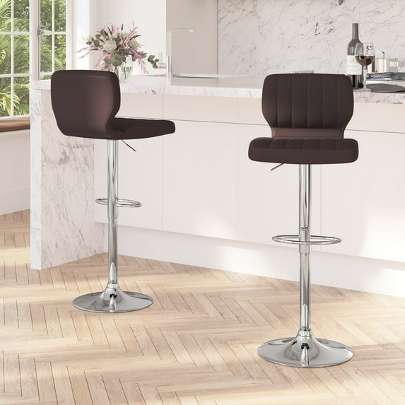 Merrick Lane Swivel Vertical Stitched Back Bar Stools, Brown Vinyl (Set of 2)