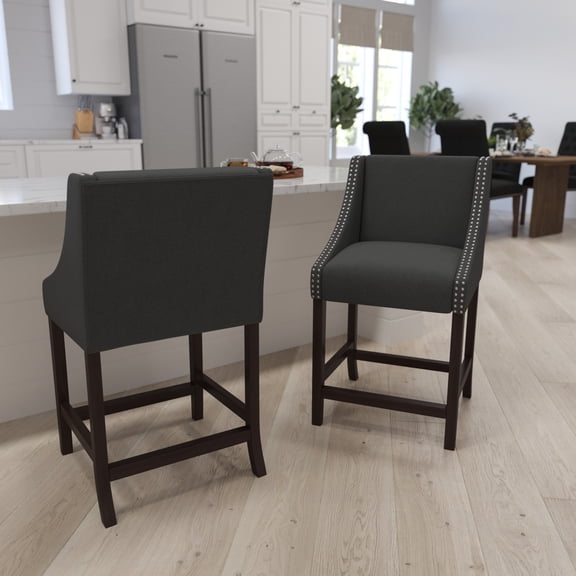 Merrick Lane Taylorsville Walnut Counter Height Stool with Nailhead Trim, Charcoal Fabric