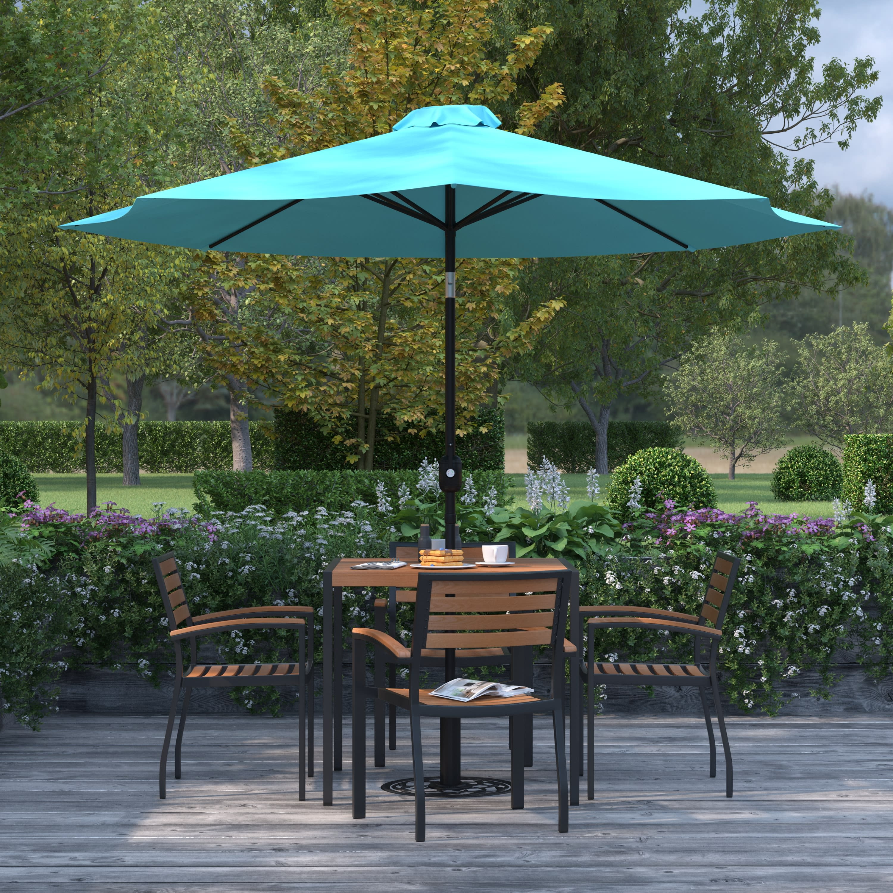 Merrick Lane Teal 9' Round UV Resistant Outdoor Patio Umbrella With Height Lever And 33° Push Button Tilt