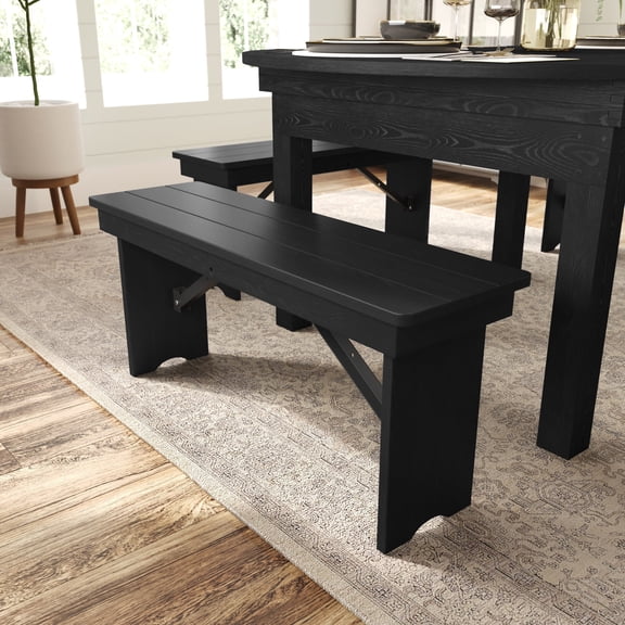 Merrick Lane Tinsley 40" x 12" Black Wash Solid Pine Folding Farmhouse Style Bench, Rustic Pinewood Folding Dining Bench with Locking Legs