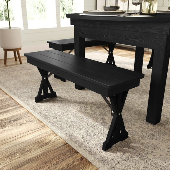 Merrick Lane Tinsley 40" x 12" Black Wash Solid Pine Folding Farmhouse Style Bench, Rustic Pinewood Folding Dining Bench with Locking X-Legs