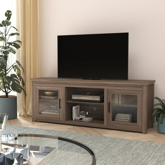 Merrick Lane Traditional Full Glass Door 65" TV Stand for up to 80" TVs; Black Wash Finish