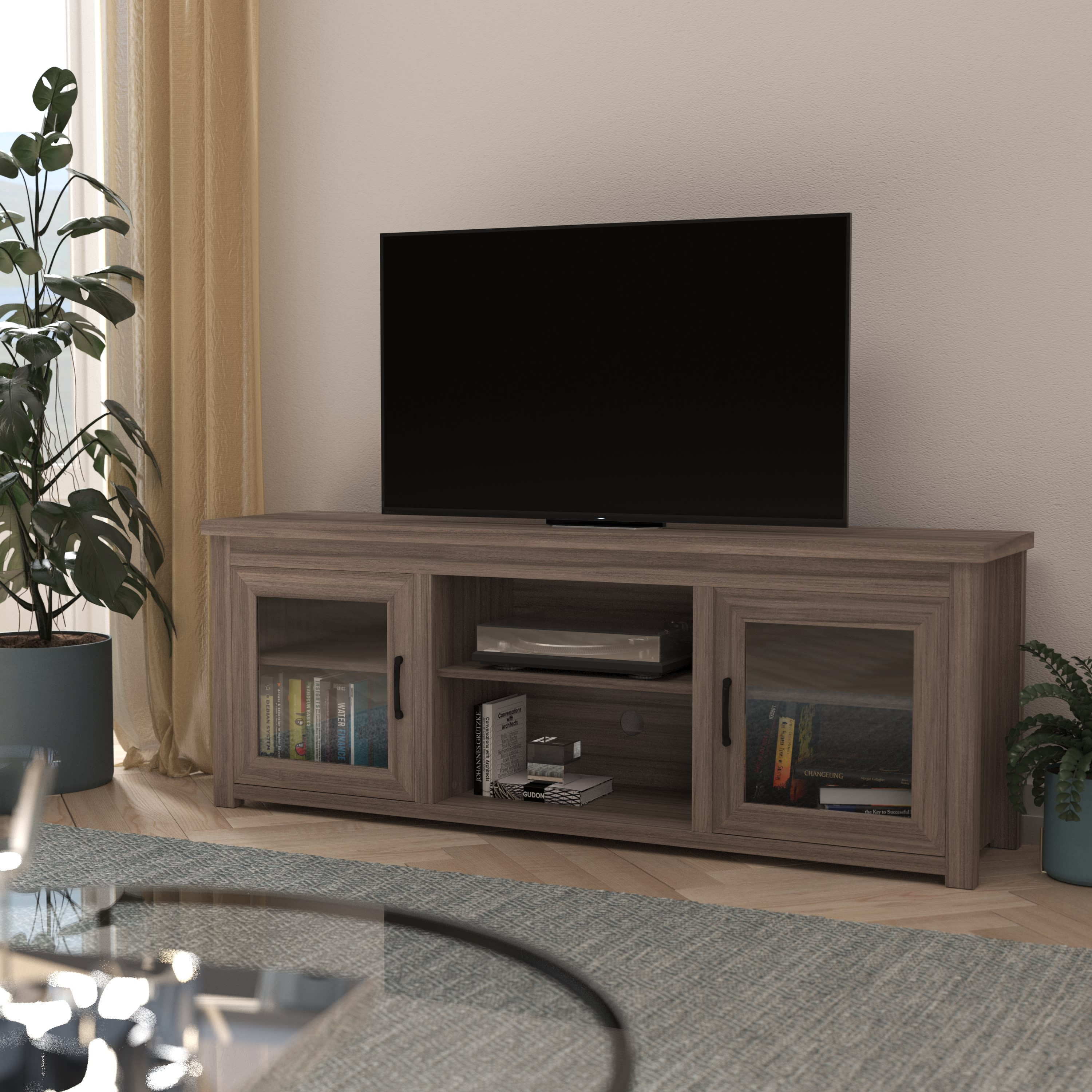 Gray Wash Oak 65" TV Stand with Tempered Glass Doors