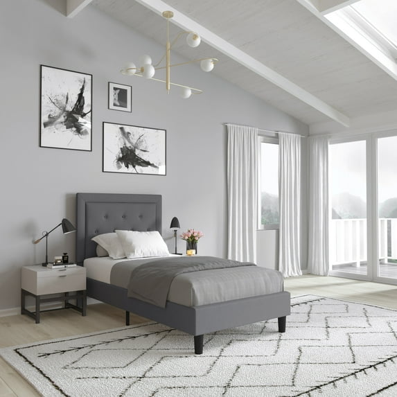 Merrick Lane Twin Size Platform Bed Tufted Upholstered Platform Bed in Light Gray Fabric