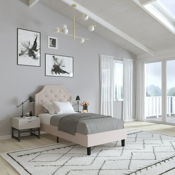 Merrick Lane Twin Size Platform Bed with Slatted Support Contemporary Beige Tufted Fabric Upholstery with Gold Accent Nail Trim