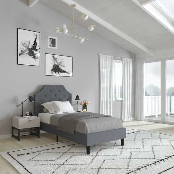 Merrick Lane Twin Size Platform Bed with Slatted Support Contemporary Light Gray Tufted Fabric Upholstery with Gold Accent Nail Trim