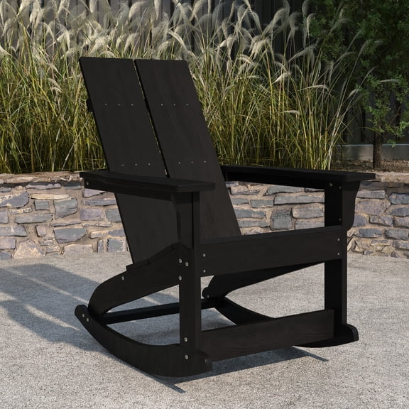 Merrick Lane UV Treated All-Weather Polyresin Adirondack Rocking Chair in Black for Patio, Sunroom, Deck and More