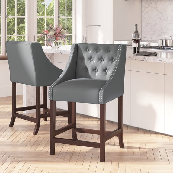 Merrick Lane Upholstered 24" High Stool Transitional Light Gray Faux Leather Tufted Walnut Counter Stool with Accent Nail Trim
