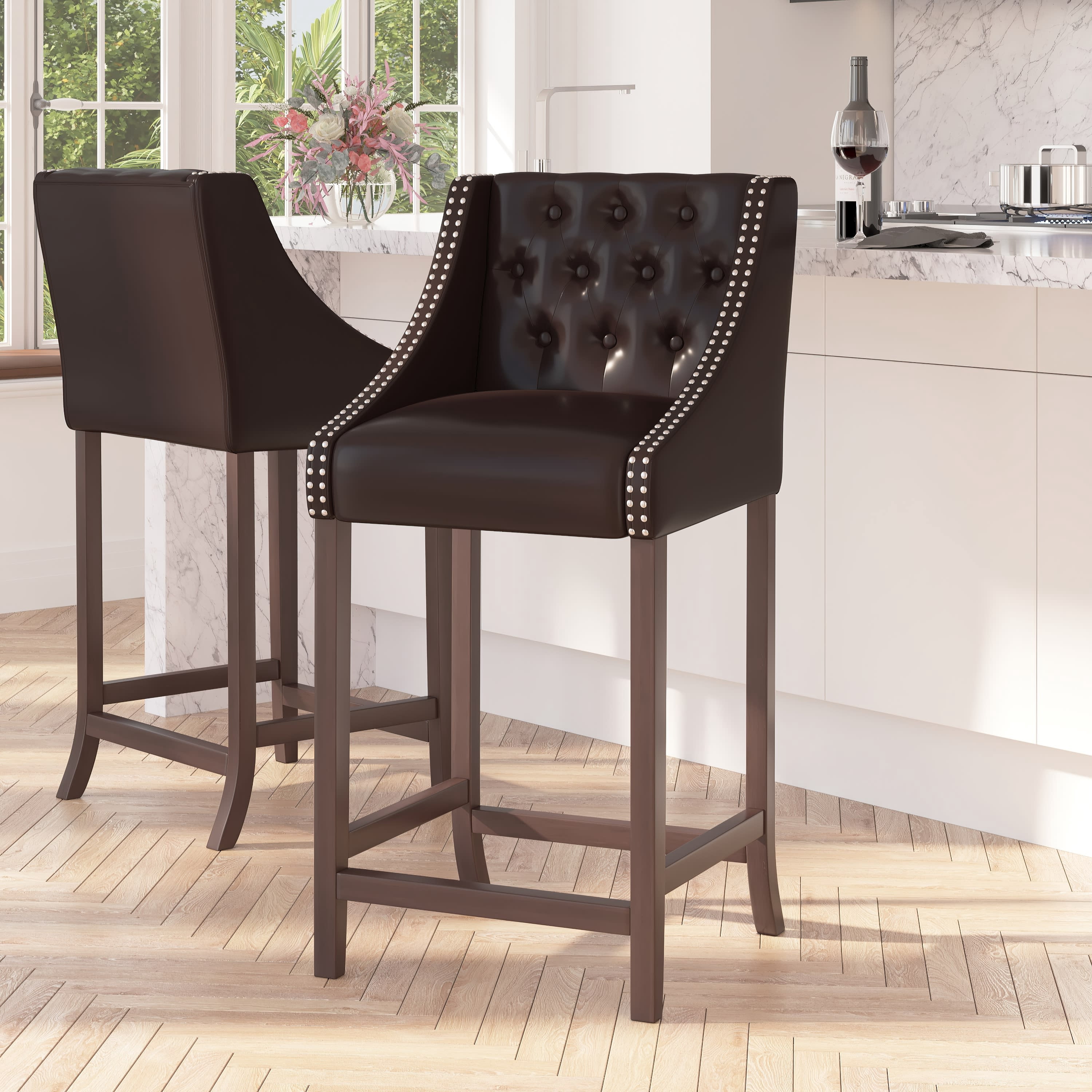 Brown Faux Leather Tufted Barstool with Nail Trim