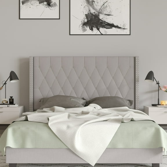 Merrick Lane Upholstered Full Size Platform Bed in Light Gray Fabric with Button Tufted Headboard