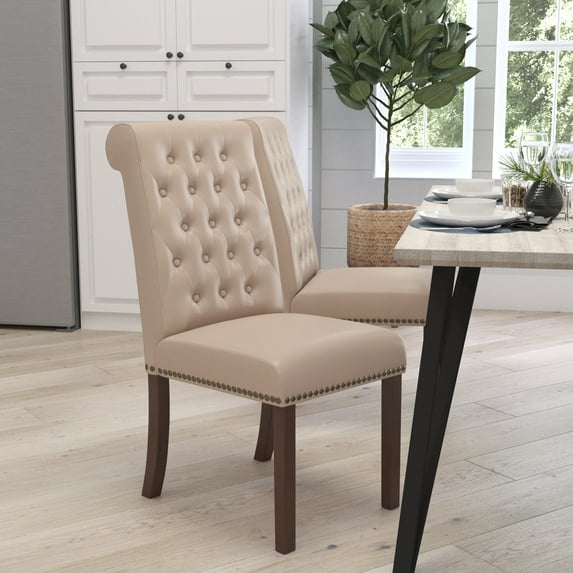 Merrick Lane Upholstered Parsons Chair with Nailhead Trim in Beige Faux Leather