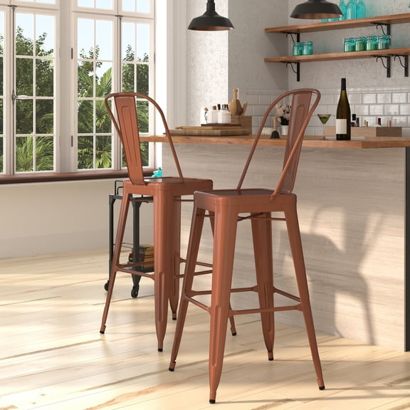 Merrick Lane Vertical Slat Back Integrated Footrest Bar Stool, Brown