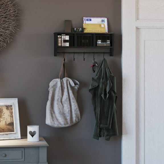 Merrick Lane Wall Mount 24 Inch Solid Pine Wood Storage Rack with Upper Shelf, 5 Hooks, and Wire Baskets for Living Room, Kitchen, or Entryway in Blackwashed