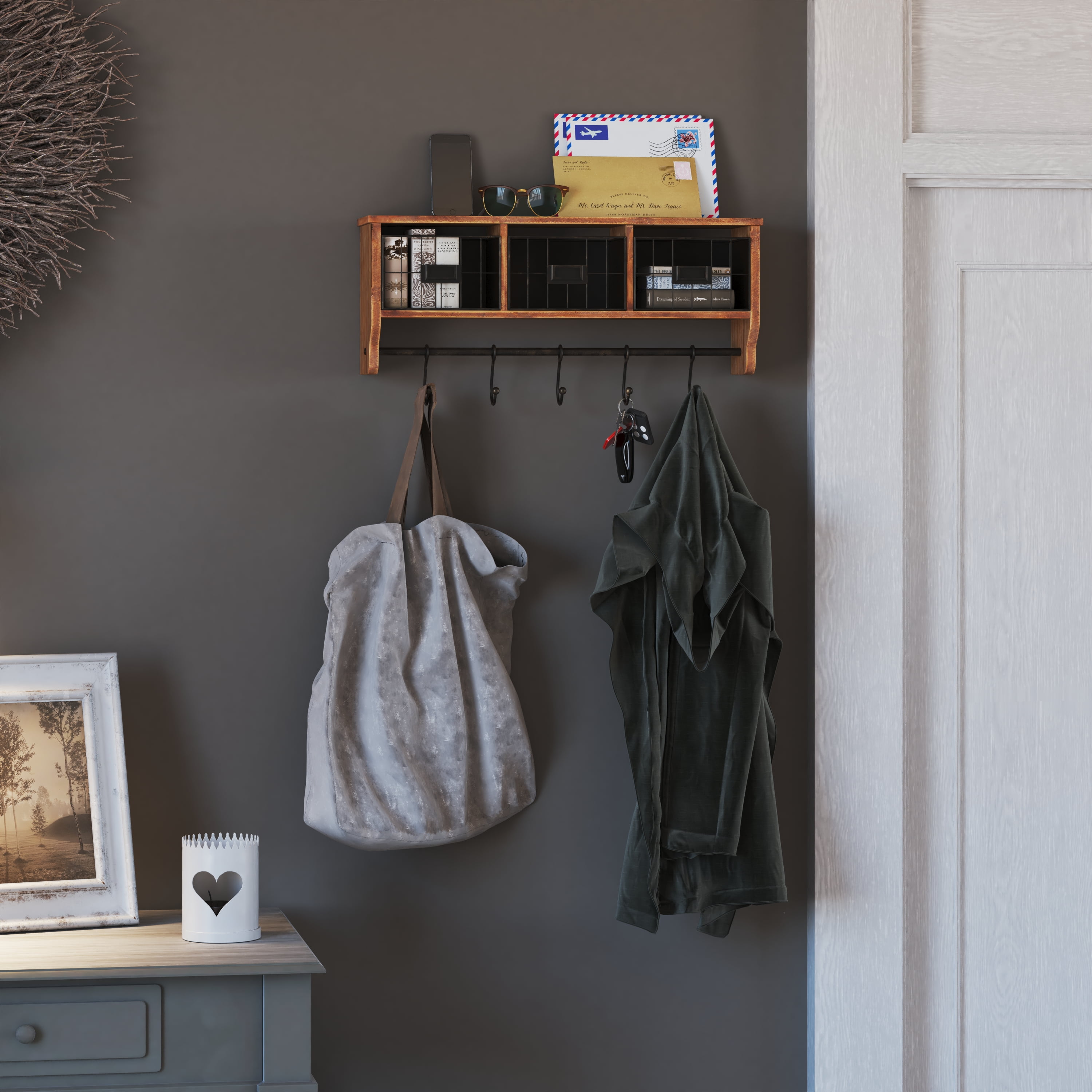 Merrick Lane Wall Mount 24 Inch Solid Pine Wood Storage Rack with Upper Shelf 5 Hooks and Wire Baskets for Living Room Kitchen or Entryway in