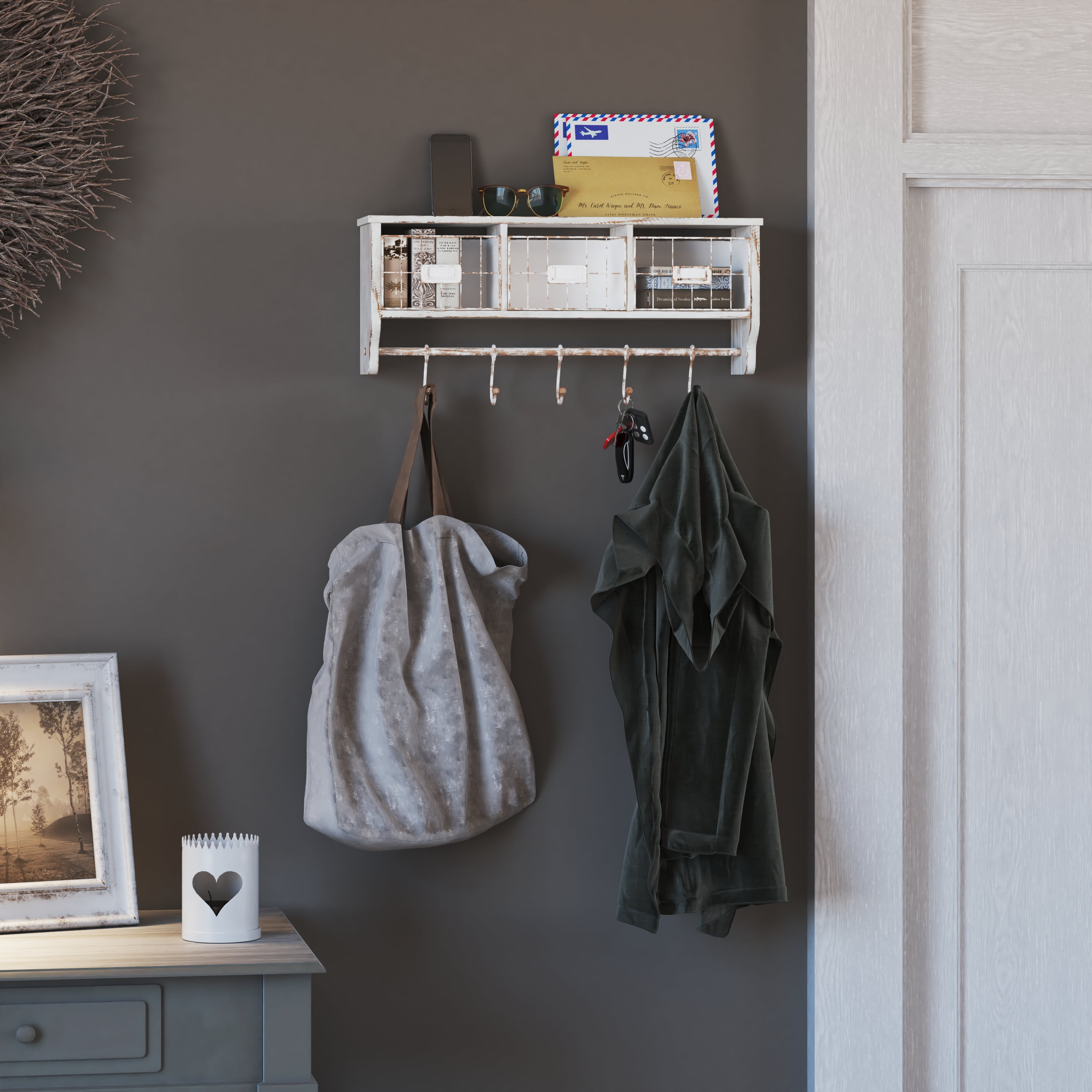 Merrick Lane Wall Mount 24 Inch Solid Pine Wood Storage Rack with Upper Shelf 5 Hooks and Wire Baskets for Living Room Kitchen or Entryway in Rustic Brown Walmart