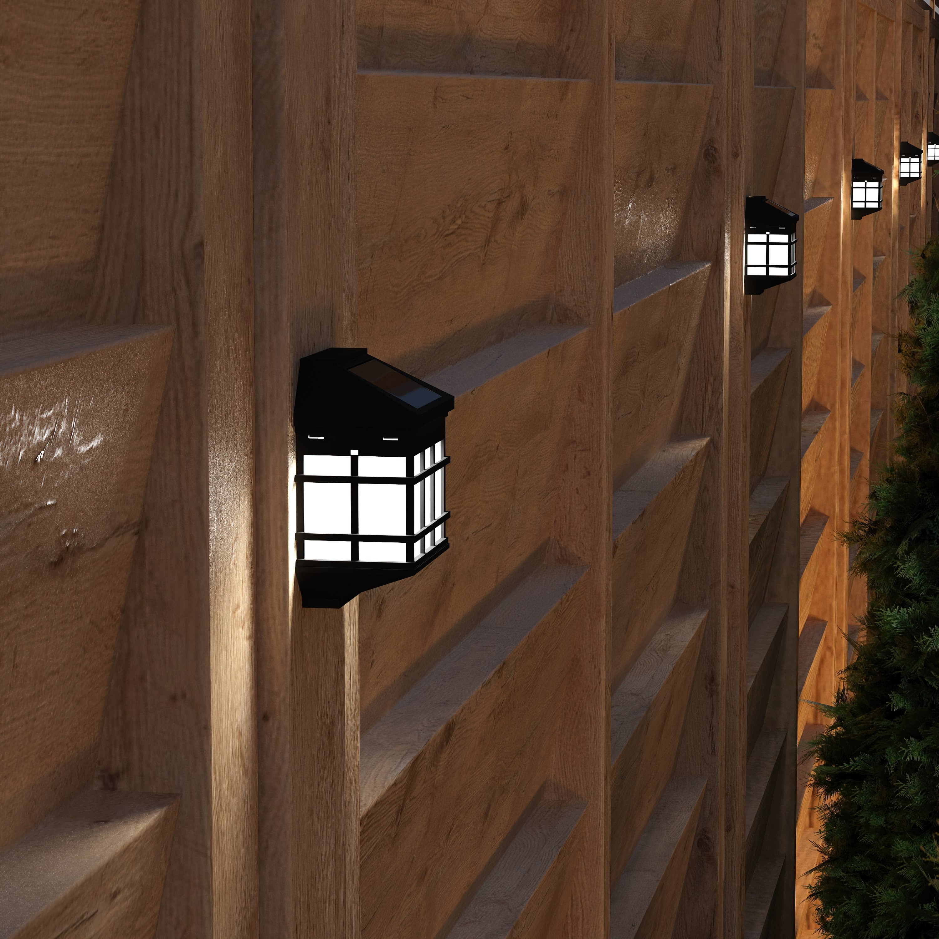 Black Rectangular Prism LED Solar Powered Outdoor Wall Lights - Set of 6