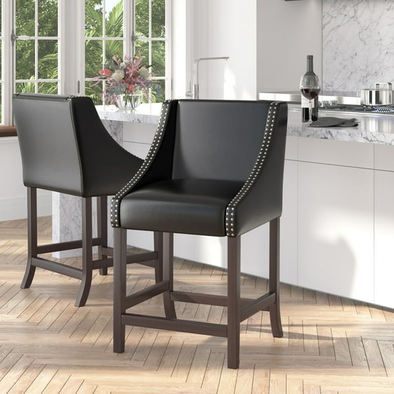 Merrick Lane Walnut Counter Height Stool, Black Faux Leather (Set of 2)