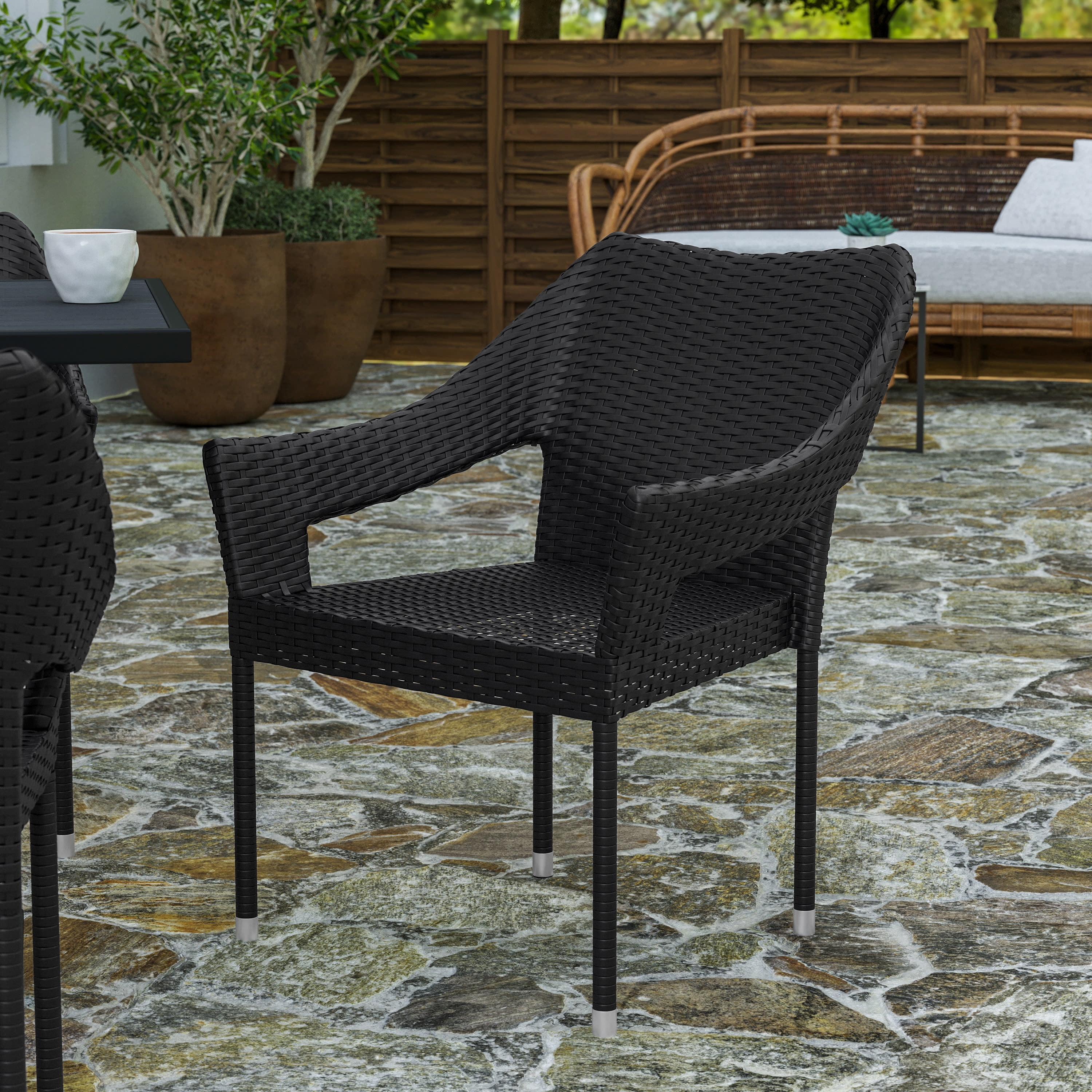 Merrick Lane Weather Resistant Indoor/Outdoor Stacking Patio Dining Chair with Steel Frame and PE Rattan - Black