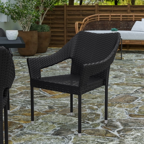 Merrick Lane Weather Resistant Indoor/Outdoor Stacking Patio Dining Chair with Steel Frame and PE Rattan - Black