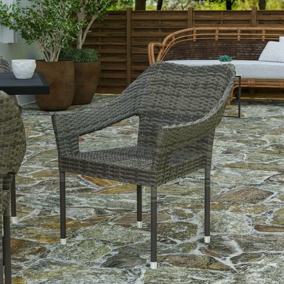 Merrick Lane Weather Resistant Indoor/Outdoor Stacking Patio Dining Chair with Steel Frame and PE Rattan - Gray