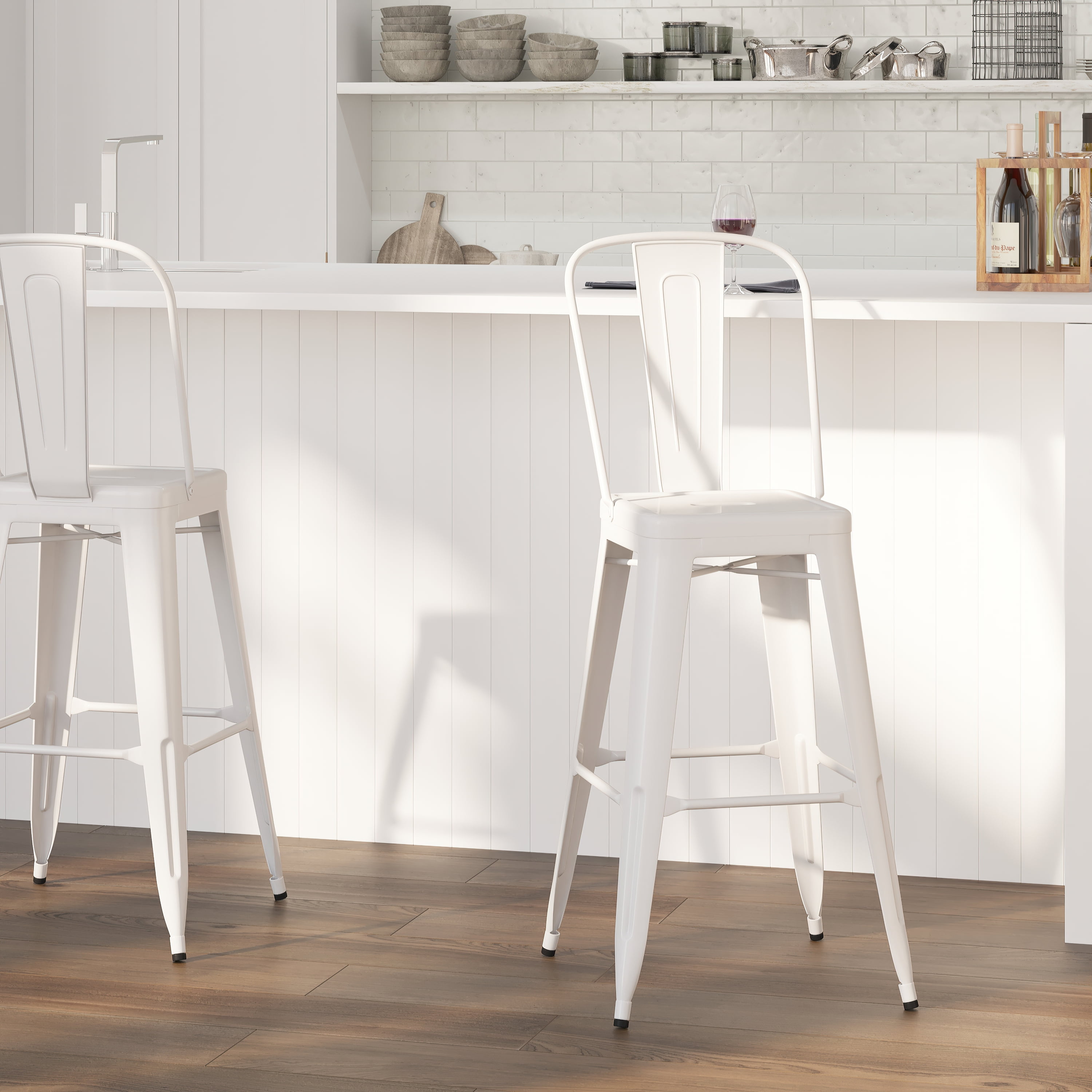 Sleek White 30" Metal Bar Stool with Removable Back