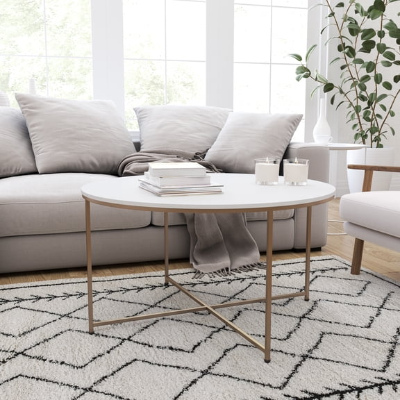 Merrick Lane White Coffee Table with Round Brushed Gold Cross Brace Frame