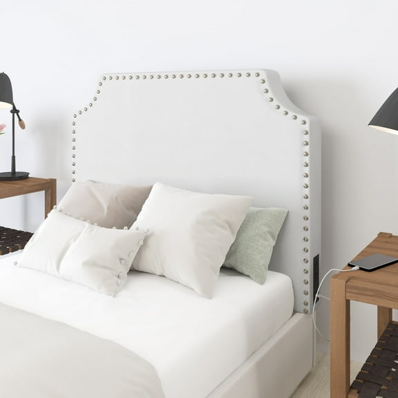 Merrick Lane White Contoured Faux Leather Twin Headboard with Studded Upholstery, Dual Hanging Options, Charging Station with 2 Outlets, USB Port, USB-C Port