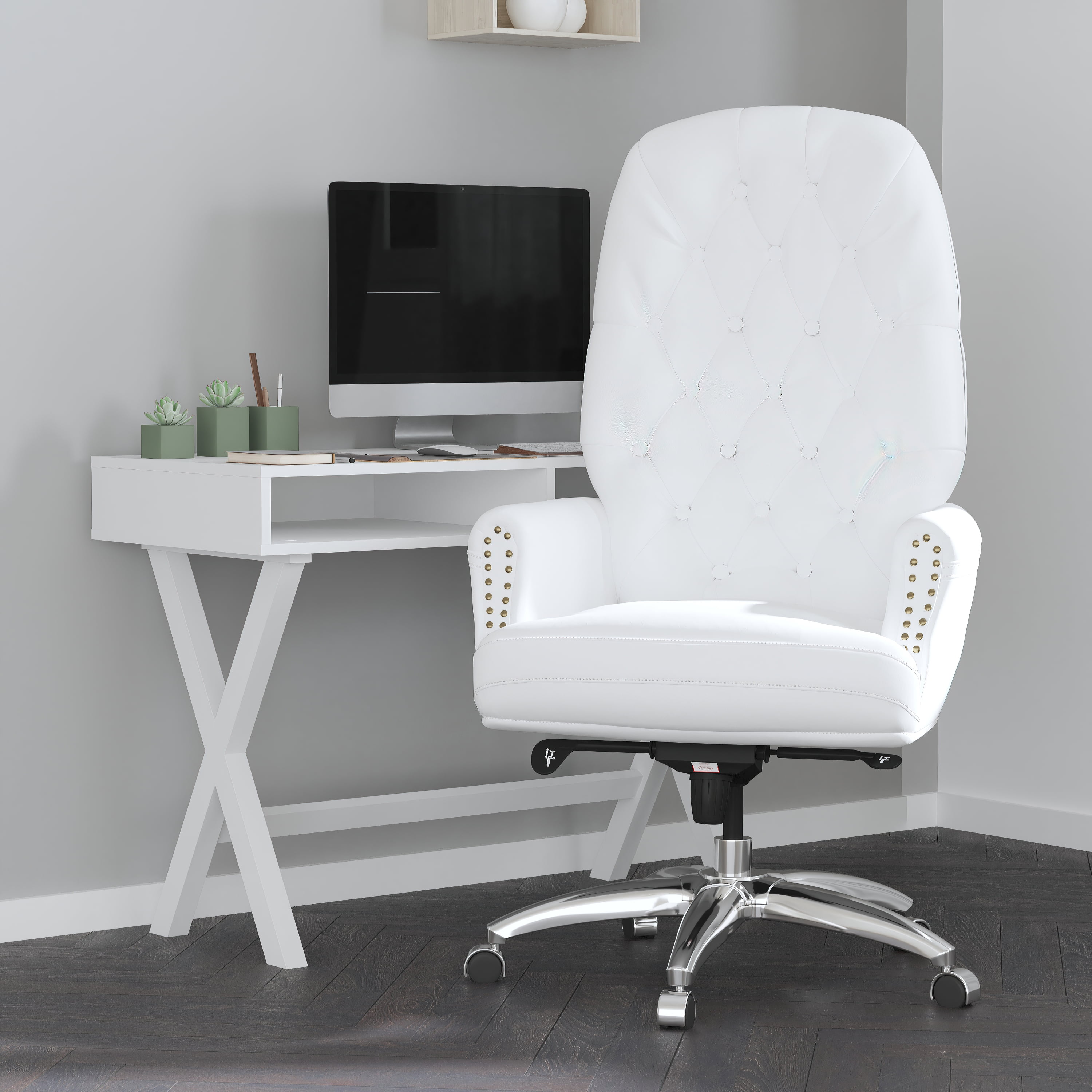 Merrick Lane White Faux Leather Office Chair with Ergonomic Lumbar Support and Button Tufted High-Back Design