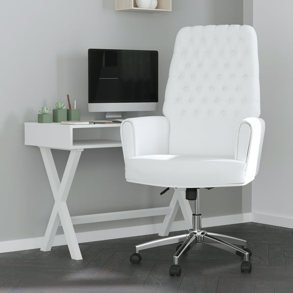 Merrick Lane White High Back Button Tufted Faux Leather Swivel Home Office Chair with Silver Welt Trimmed Arms