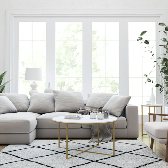 Merrick Lane White Marble Finish Coffee Table with Round Brushed Gold Cross Brace Frame