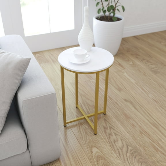 Merrick Lane White Marble Finish End Table with Round Brushed Gold Cross Brace Frame
