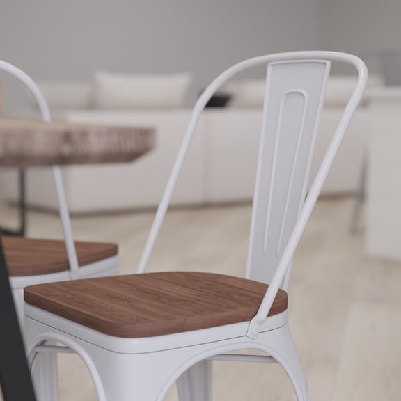 Merrick Lane White Metal Dining Chair With Curved Vertical Slatted Back And Textured Wood Seat
