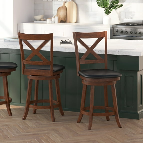 Merrick Lane Wooden Crossback Swivel Pub Stool with Faux Leather Seat & Footrest, Antique Oak/Black